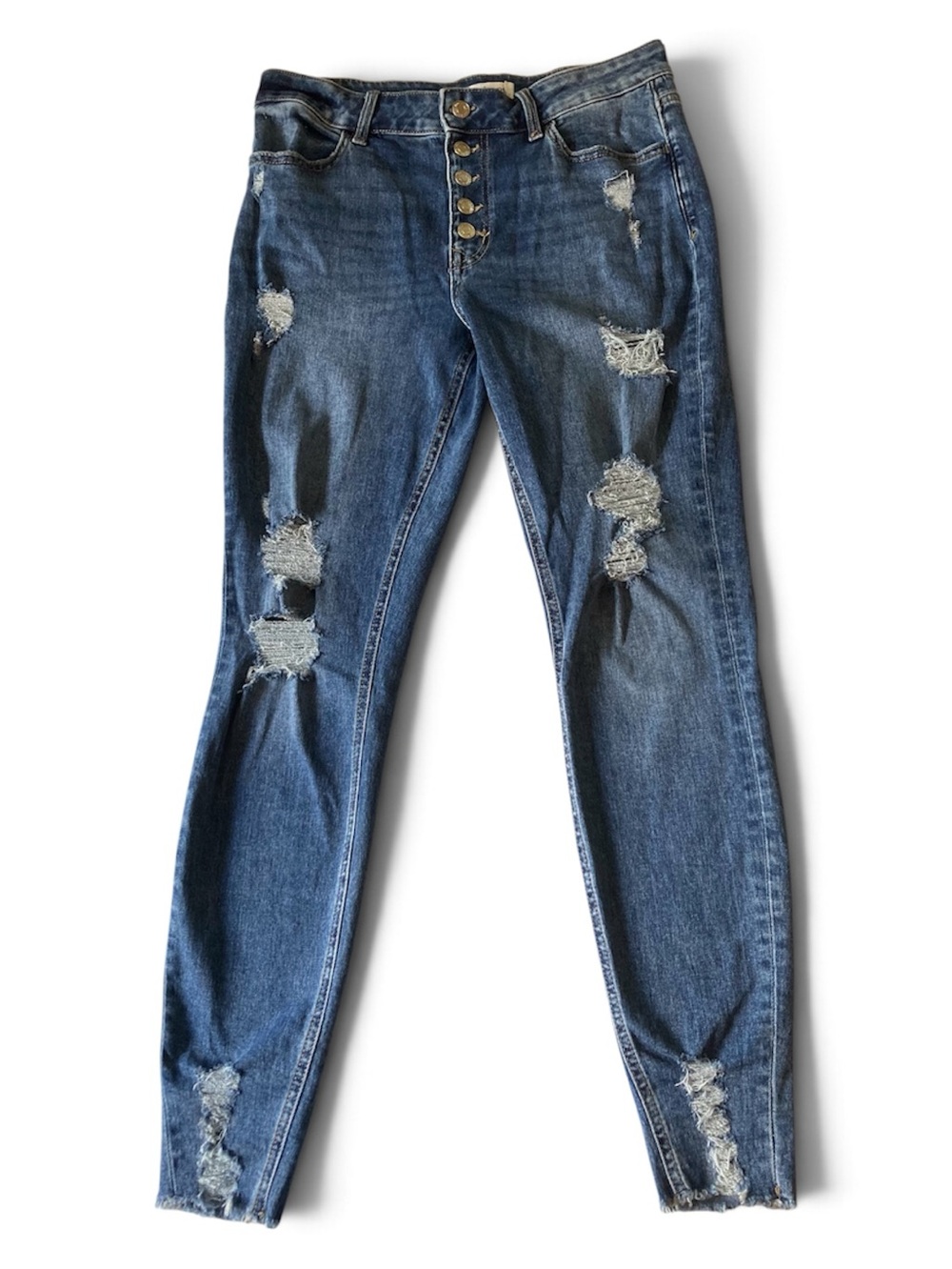 Maurices M Jeans Distressed Super Skinny High-Rise Button-Fly Jeans Medium Long